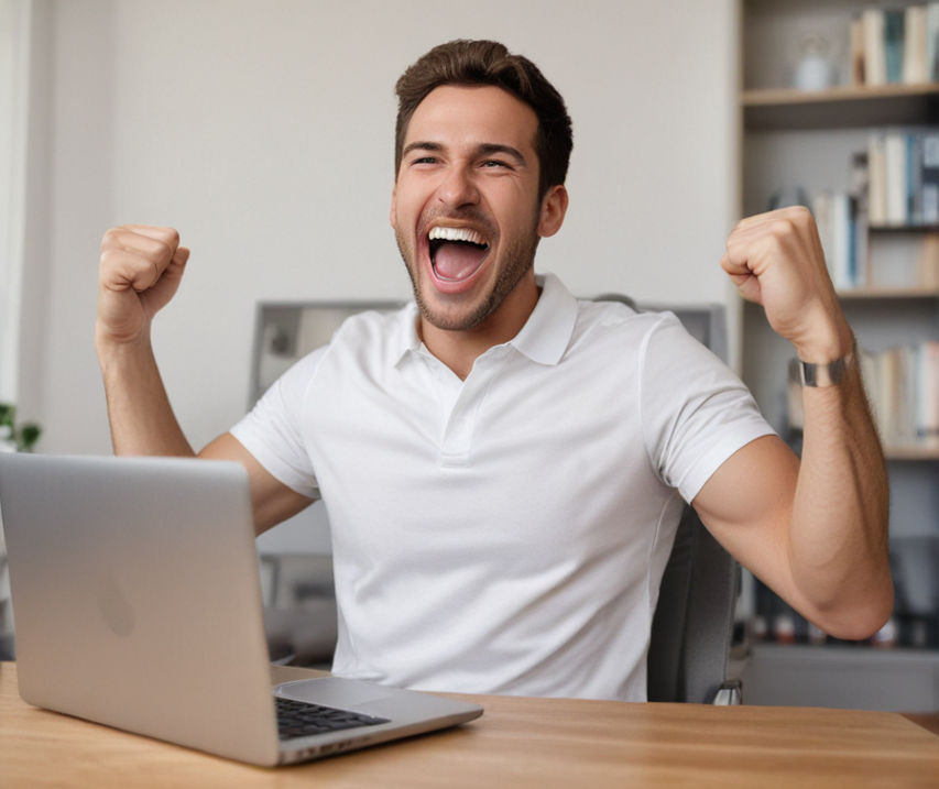 American man cheers joyfully at laptop, likely playing at an online casino.