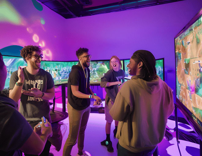 Players gather around vibrant screens, controllers in hand, laughing and strategizing, forging strong social connections through immersive and cooperative video game experiences.