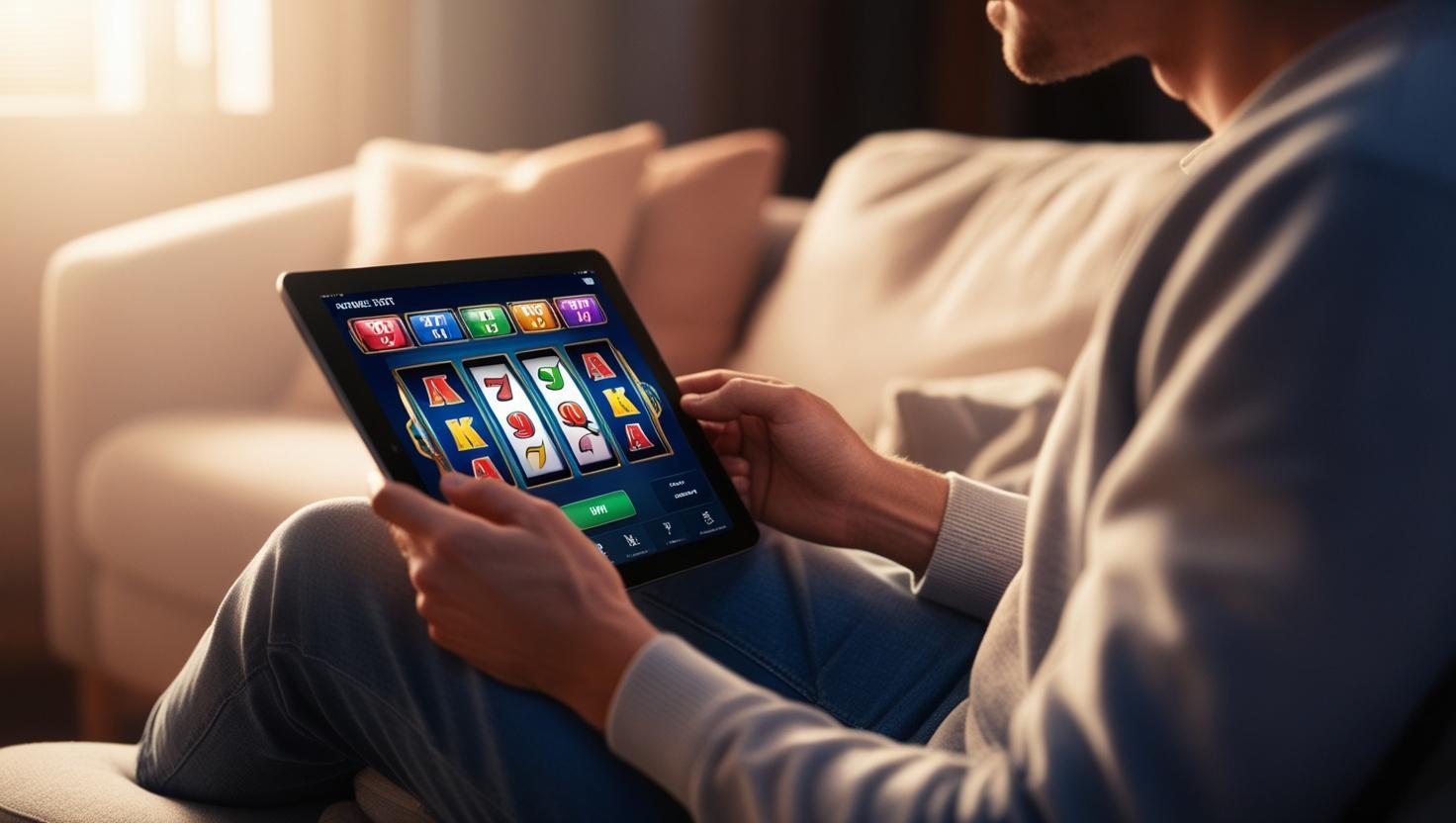 Person playing online slot game on tablet in cozy, softly lit home setting.