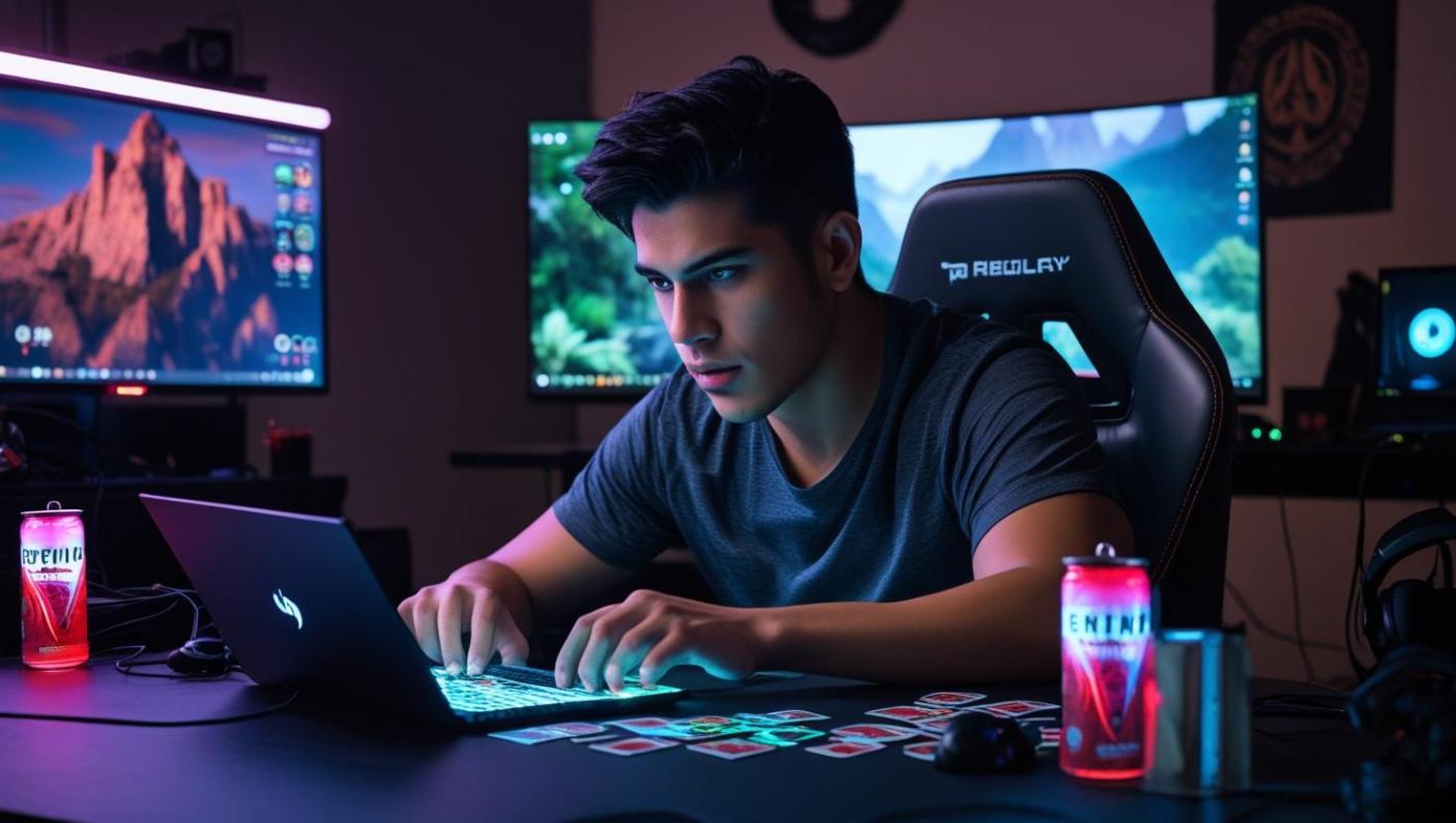 Gamer playing online casino game in LED-lit room with intense focus.