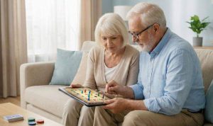 Senior couple sitting on a couch playing board games
