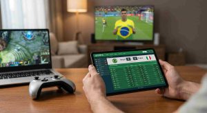 A laptop showing a betting platform and a TV screen showing Brazilian sport