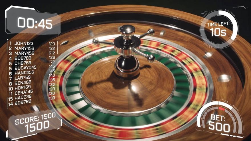 roulette wheel spinning, with digital leaderboard overlays around it.