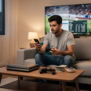 a gambler and a gamer playing using a laptop, joystick, and casino chips