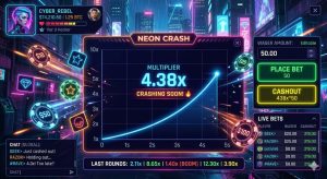 A digital crash game interface showing a rising multiplier graph, neon colors, gamer-style UI