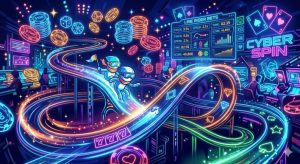 Rider-inspired track with a character moving along dynamic lines, combined with casino elements like glowing chips and digital betting interfaces