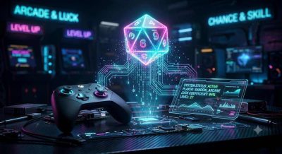 A holographic glowing die dissolving into digital code connected to a futuristic video game controller and neon interface elements.