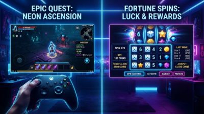 A split-screen digital scene showing a video game interface on one side and a probability-based gaming interface 
